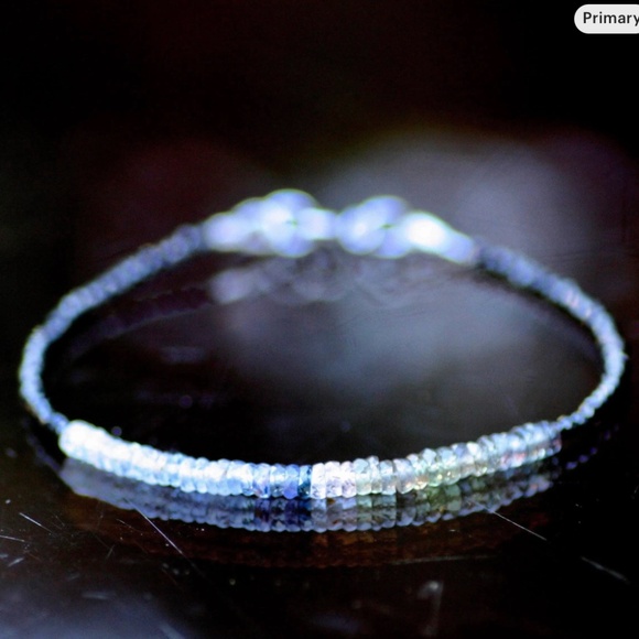 Natural Black Spinel, Green, Purple Sapphire Bracelet Handcrafted 14k White Gold - Picture 1 of 9